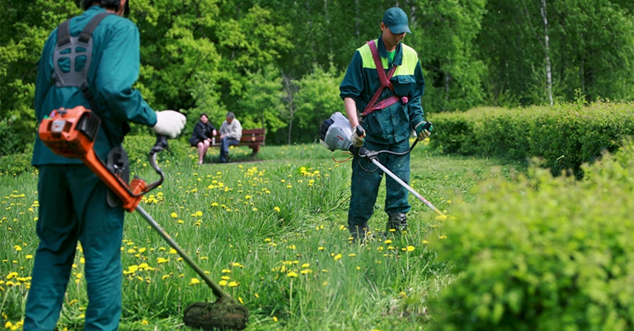 Men mow the lawn