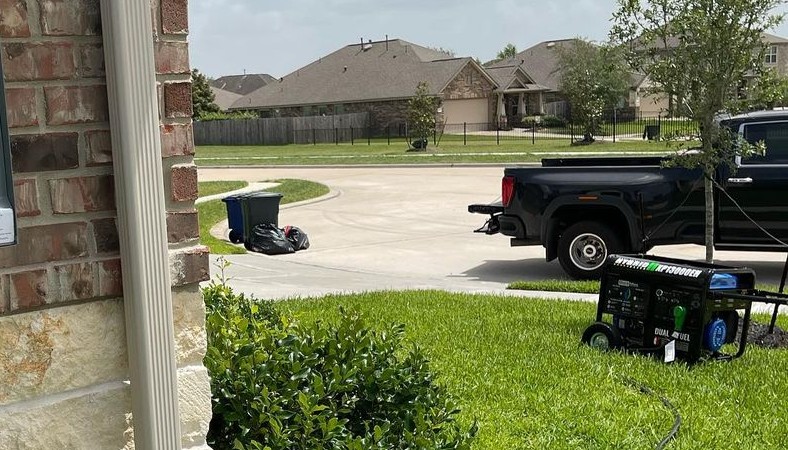 Blue generator in front of the front lawn