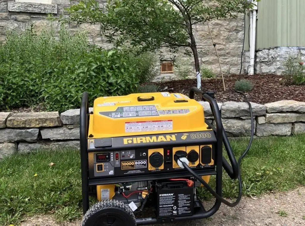 Running yellow generator near the house