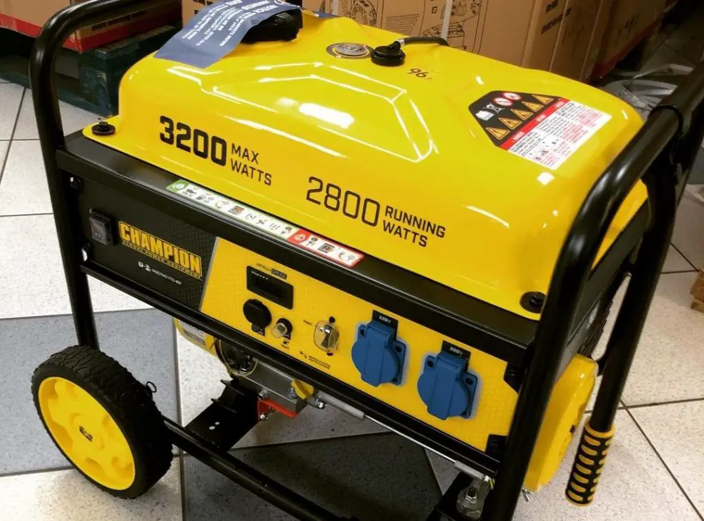 yellow portable generator with yellow wheels stands on black and white tiles