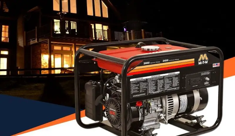 Orange and black generator in front of house
