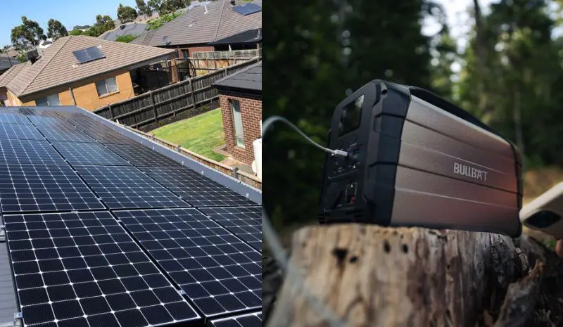 Solar panels on the grey roof VS Grey and black generator on the stump